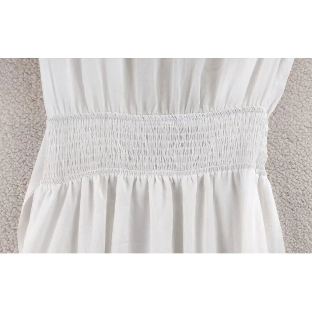 Cottagecore Puff Sleeve Tie Front Ruffle Mini Dress Smocked Waist Womens S White